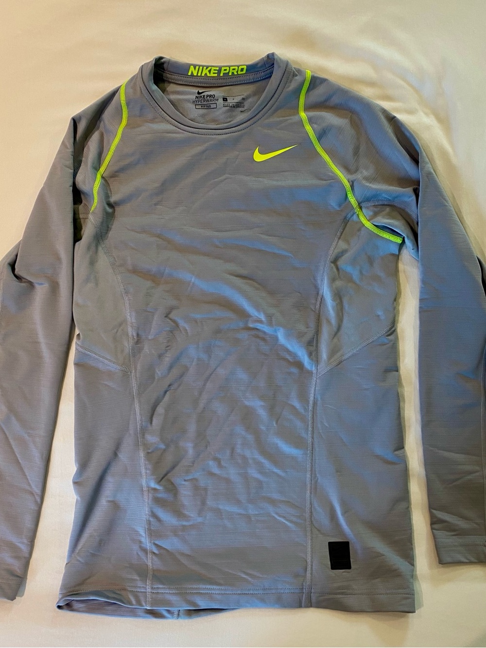 Nike Pro Light Gray Long Sleeve Top with Neon Green Nike logo and Piping